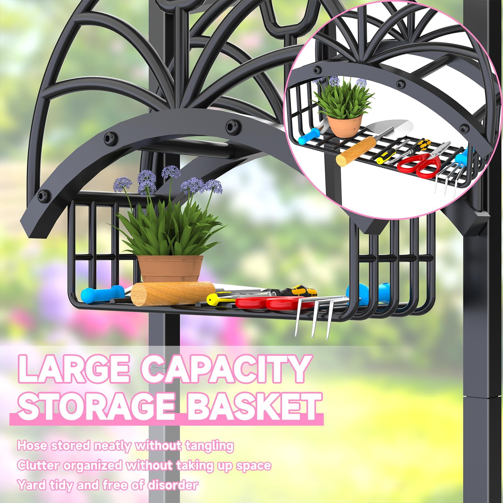 Yacona Garden Hose Holder, Freestanding Hose Storage Organizer, Heavy Duty Metal Water Reel Stand Hanger Rack with Storage Basket, Black
