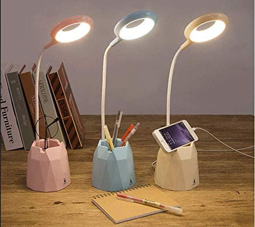 Dimmable Eye Care Study Book Light with Pen Holder Pencil Cup Chris.W LED Desk Reading Lamp for Kids Night Light USB Charging Port for Girls Reading Light Touch Dimmer Pink