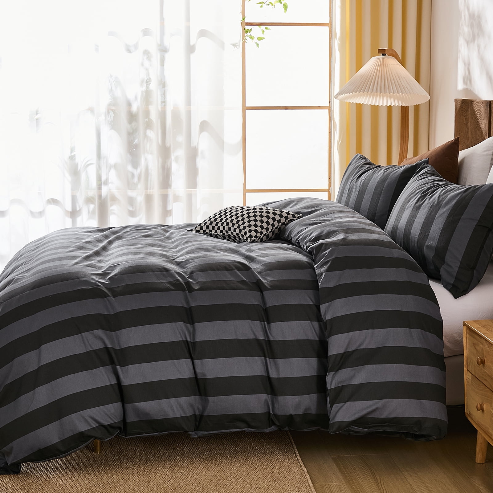 100% Cotton Stripe Duvet Cover Set Queen Size - Gray Striped Duvet Cover Set with Zipper Closure & 8 Corner Ties, Modern Minimalist Wide Stripe Bedding Set for Cozy Elegant Bedroom