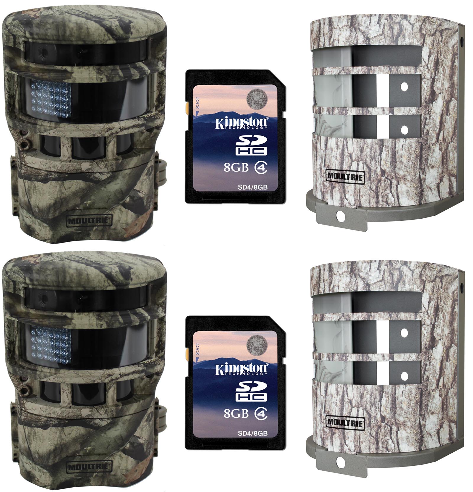 (2) MOULTRIE Low Glow Panoramic 150° Game Cameras + Security Boxes + SD