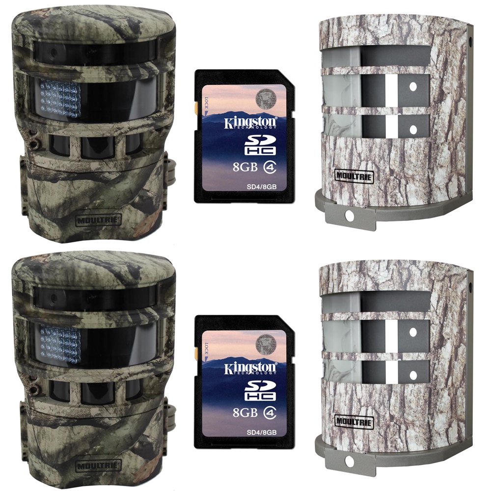 (2) MOULTRIE Low Glow Panoramic 150° Game Cameras + Security Boxes + SD