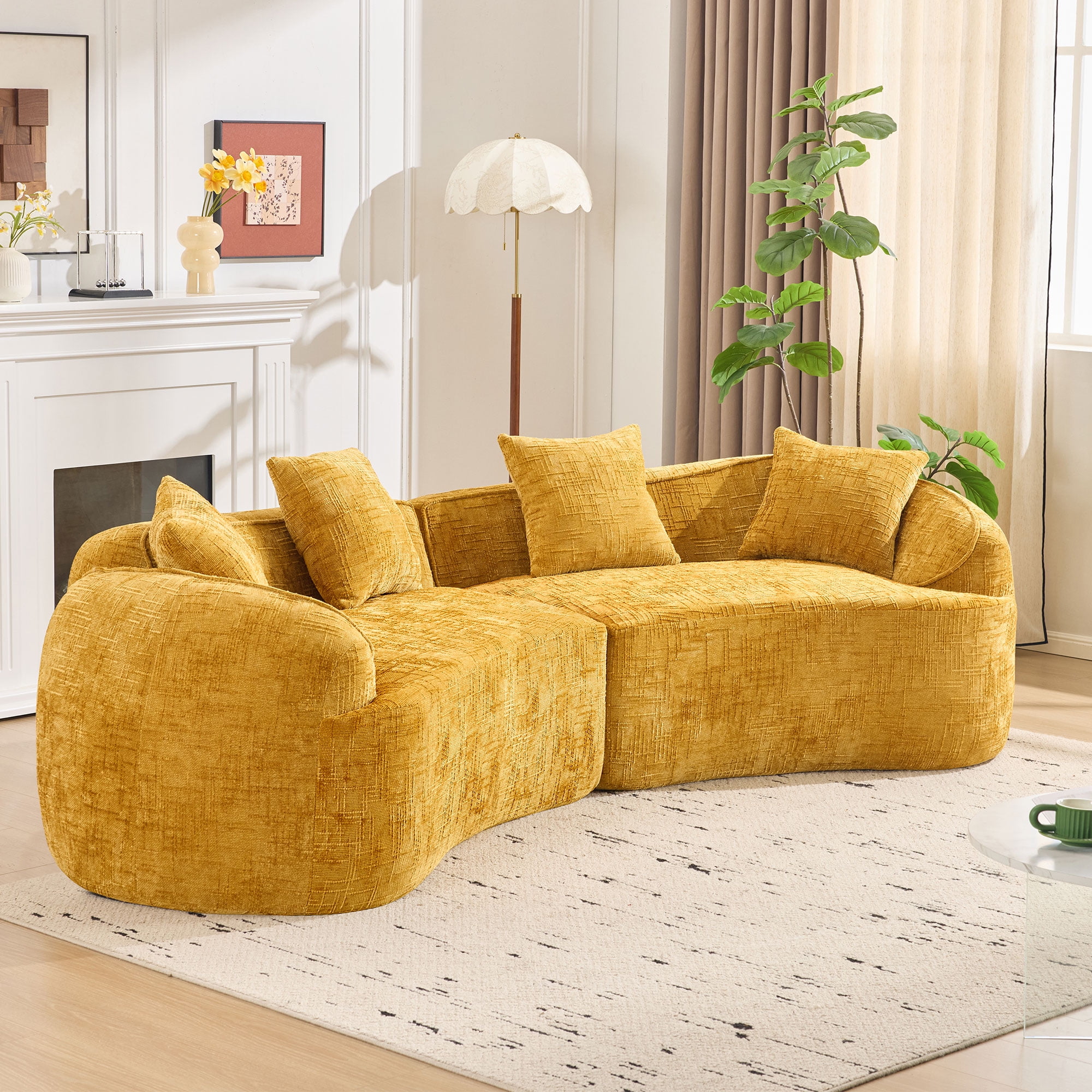 Curved Sofa, Yellow Compressed Chenille Sectional with Soft Fabric and Foam Spring Support, Modern 109-Inch Multi-Seater for Apartment Living Room
