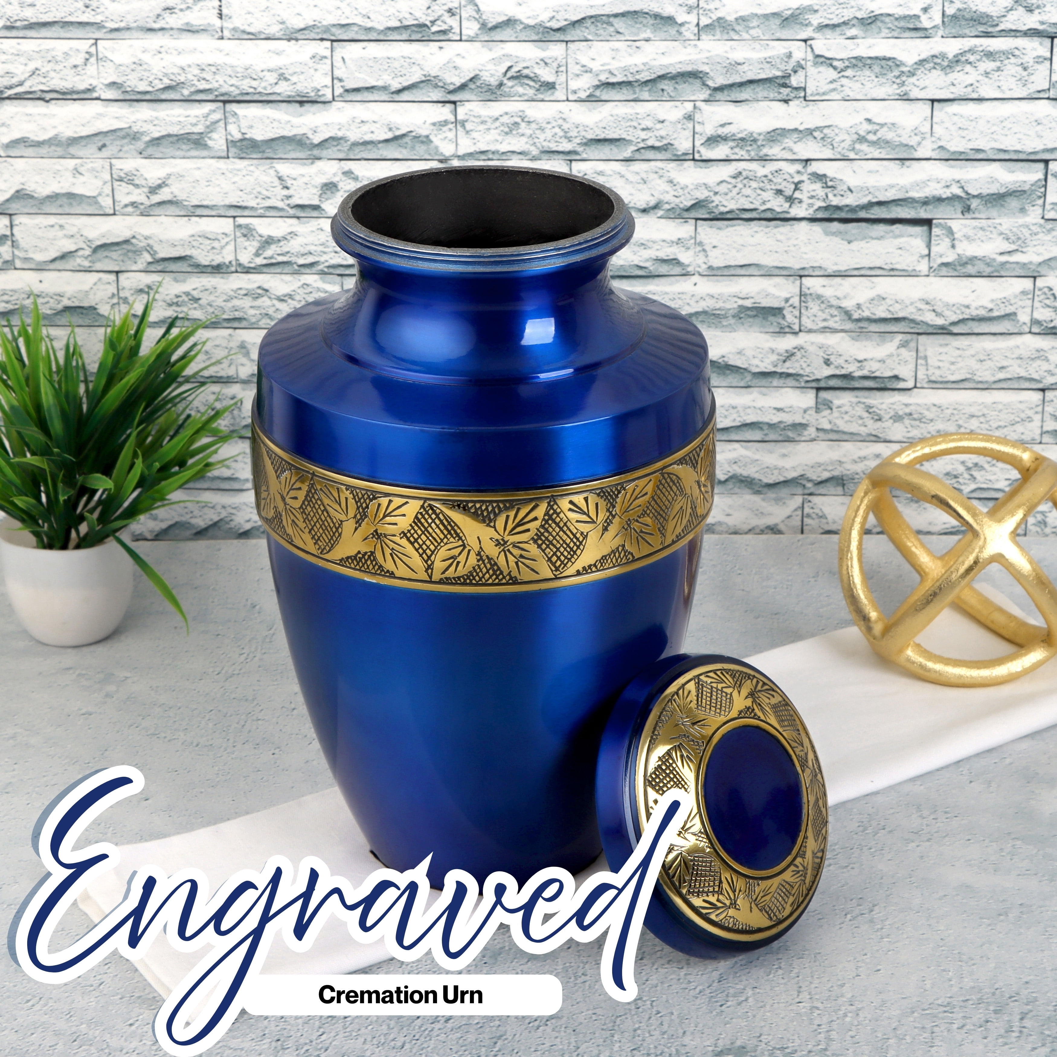 Handcrafted Aluminum Urn - Decorative Memorial Holder for Ashes and Remembrance (Sapphire & Royal Gold)