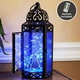 thumbnail image 3 of Moroccan Metal Candle Lantern Holder with LED Fairy String Lights, Medium, White Gold, 3 of 11