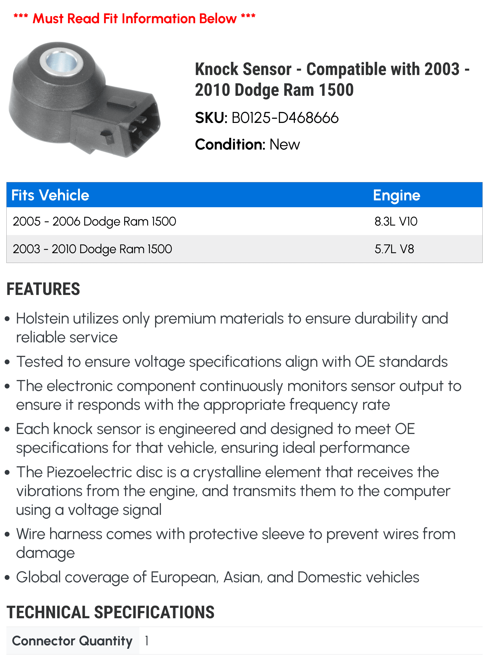 Knock Sensor - Compatible with 2003 - 2010 Dodge Ram 1500 2004 2005 2006 2007 2008 2009