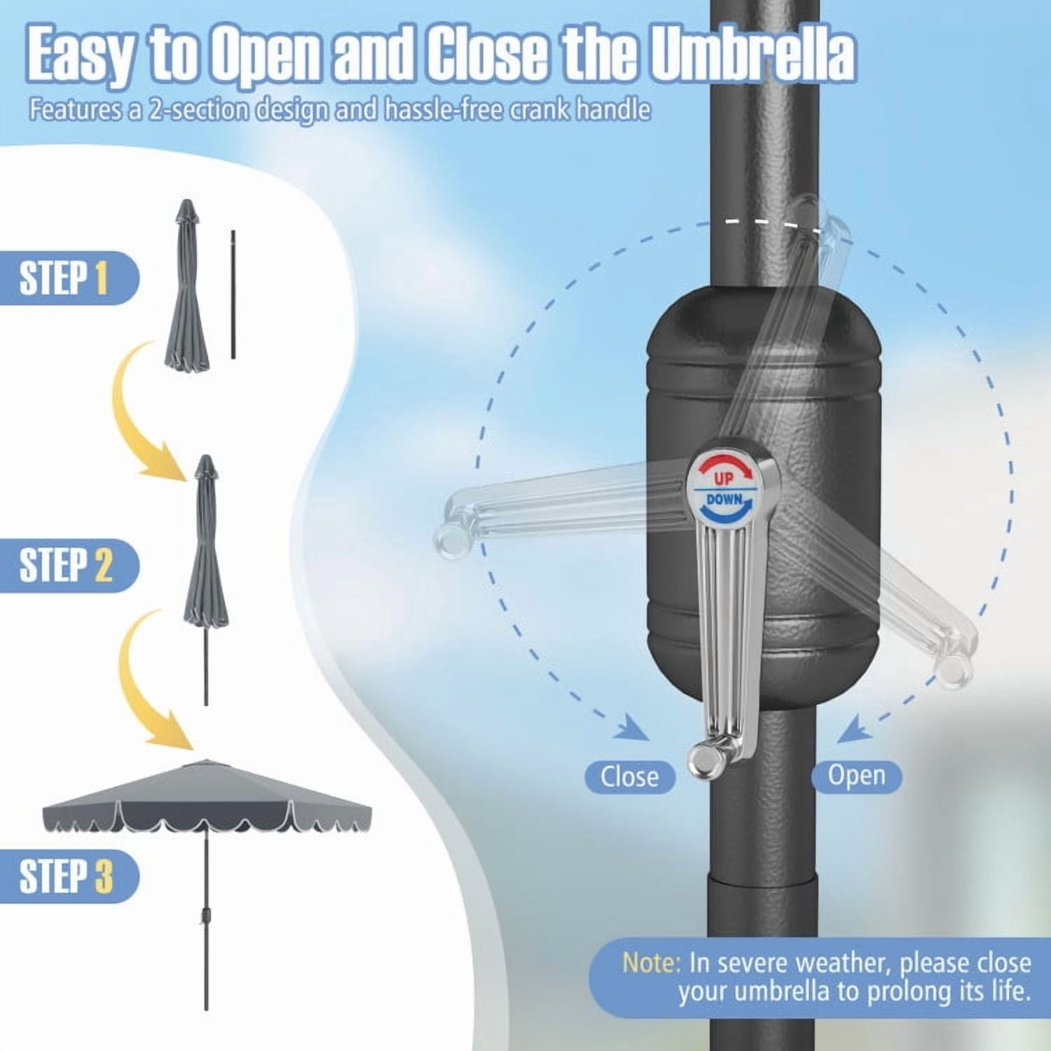 GVN Outdoor Patio Umbrella,Patio Umbrella,10 Feet Patio Umbrella Outdoor Market Umbrella with Crank Tilt Adjustment-Gray