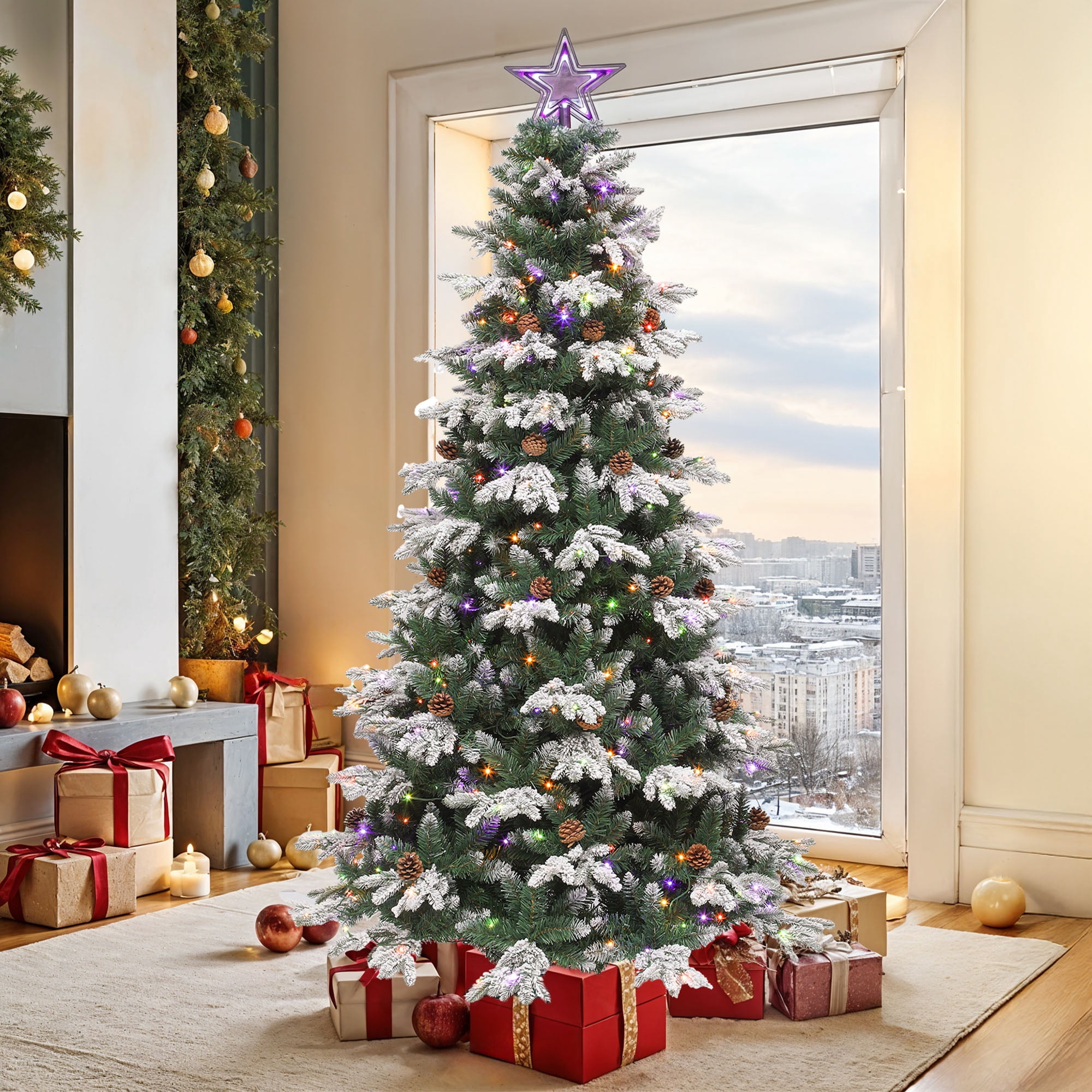 Uforic 7.5ft Prelit Flocked Tiered Christmas Tree with 1200 Tips, 400 Remote-Controlled Lights, and Pine Cones