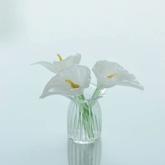Mini Handmade Glass Calla Lily Vase Set - Pure White Artificial Flower Bouquet for Desktop, Car & Home Decor