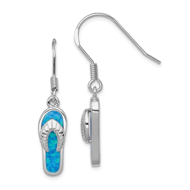 925 Sterling Silver Rhod Pltd Created Blue Inlay Opal Hawaiian Flip Flop Sandals Drop Dangle Earrings Outdoor Nature