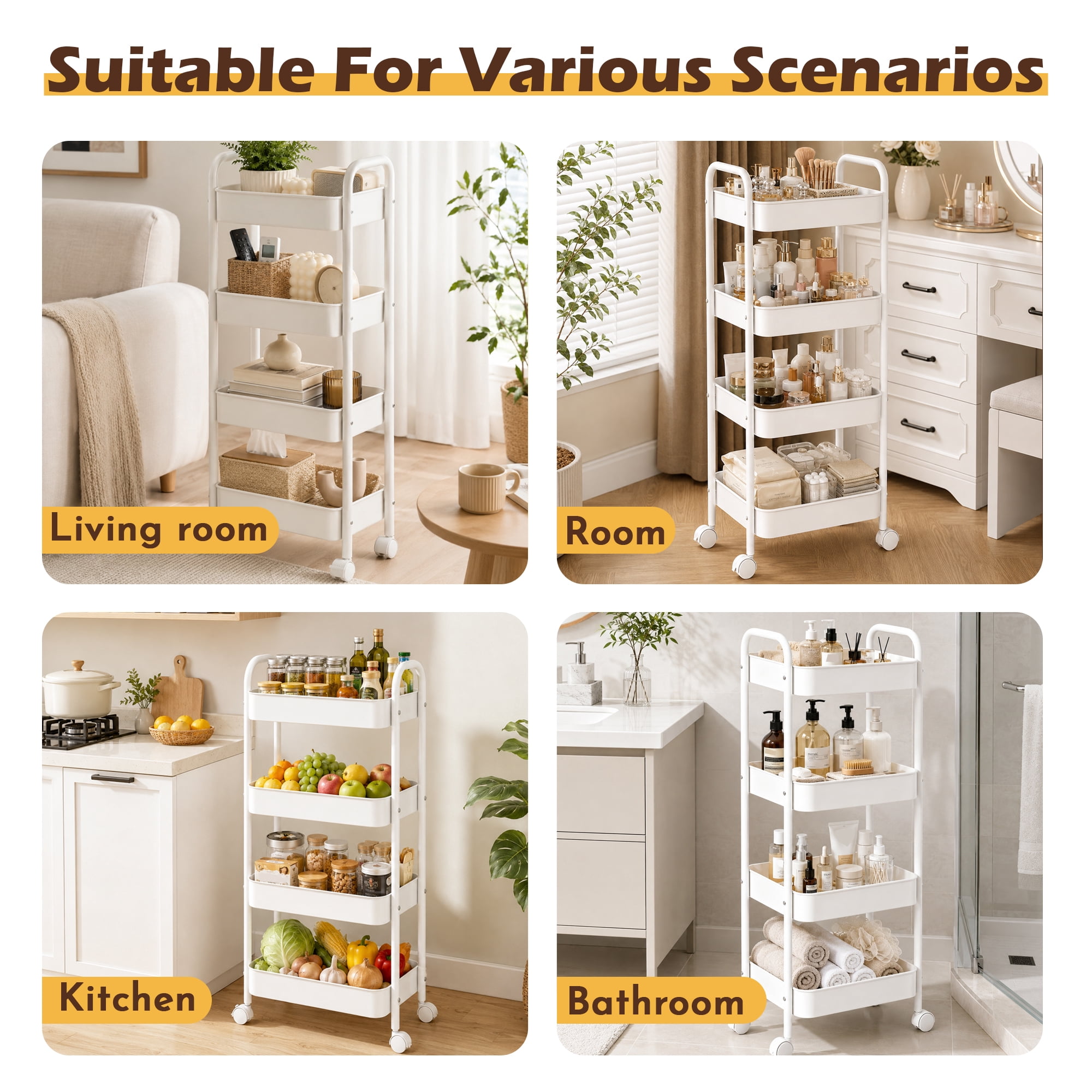 4‑Tier Rolling Metal Storage Cart, Metal Rolling Utility Cart, Mobile Utility Organizer Shelf with Lockable Wheels, Multifunctional Rolling Trolley for Kitchen, Bathroom, Living‑Room and Bedroom