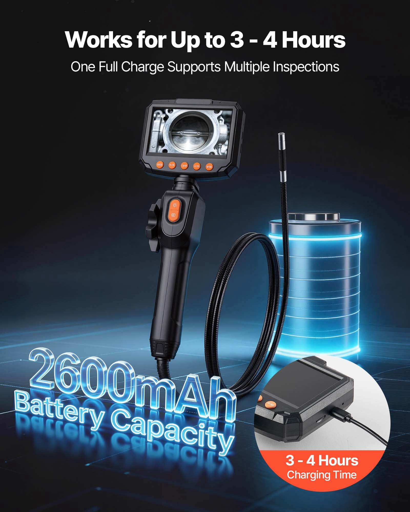 VEVOR Articulating Endoscope with Light, Two-Way Articulated Borescope Camera, 4.3" HD IPS Screen, 1280 x 720 Lens, 8X Zoom, IP67 Waterproof Inspection Snake Camera for Auto, Plumbing (4.9FT Cable)