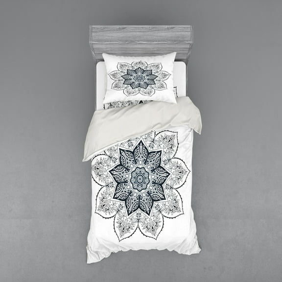Ambesonne Leaf Bedding Set 3 Pcs, Bohemian Form, Twin, Dark Petrol Blue White