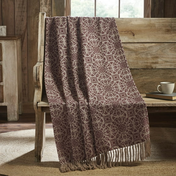 VHC Brands Custom House Burgundy & Tan Jacquard Woven Throw 50x60, Bedroom and Living Room Decor, Blanket, Cotton, Custom House Collection, Rectangle 60x50, Natural