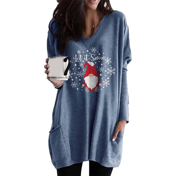Suéter navideño para mujer, sudadera de manga larga con cuello redondo, jersey festivo con bolsillos