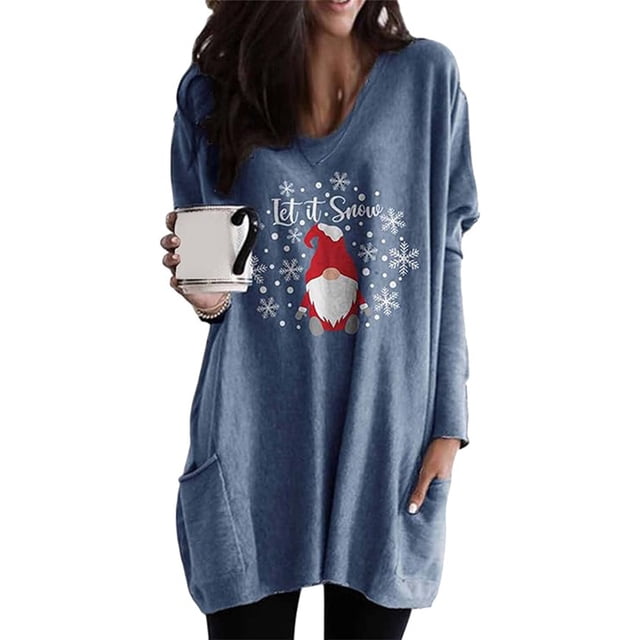 Suéter navideño para mujer, sudadera de manga larga con cuello redondo, jersey festivo con bolsillos
