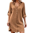 thumbnail image 2 of Fwqbns Women's Linen Casual Tunic Shirt Dress V Neck 3/4 Sleeve Loose Fit Beach Mini Dress Summer Vacation Outfit Coffee, 2 of 9
