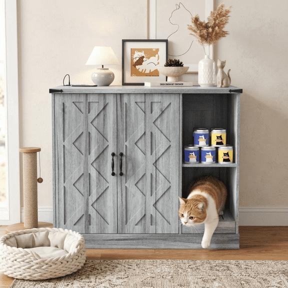 Cat Litter Box Cabinet with Power Outlet, Modern Litter Box Furniture for Large Automatic Litter Boxes, Hidden Litter Box Enclosure with Litter Catcher, Adjustable Storage Shelves, Gray