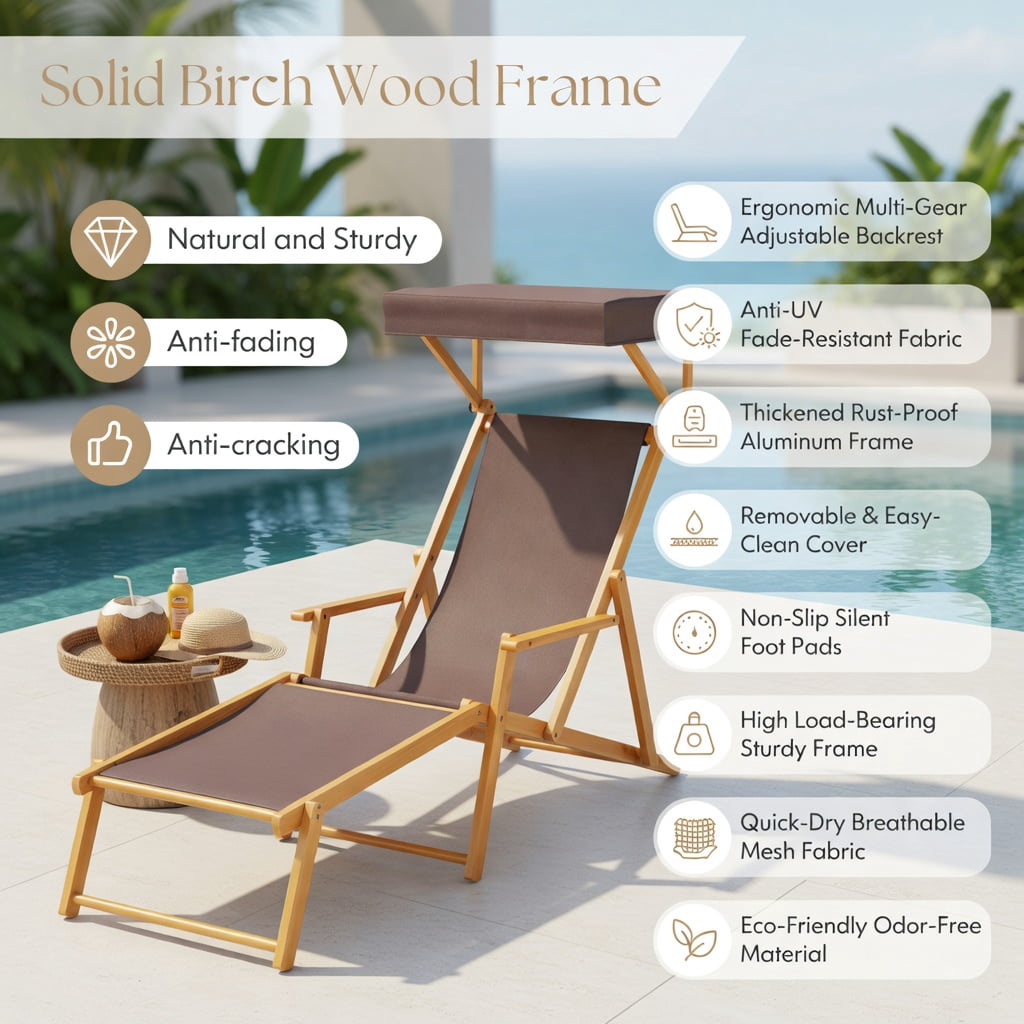 Hommoo Foldable Birch Wood Chaise Lounge Chair with Adjustable Canopy, Outdoor Beach Chair for Patio, Poolside & Garden, Brown