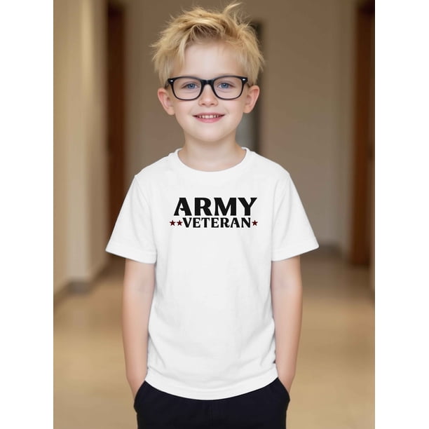 Boys' Army Veteran Graphic T-Shirt - Soft Cotton Short Sleeve, Round Neck, Casual Summer Top with Bold Print & Star Design