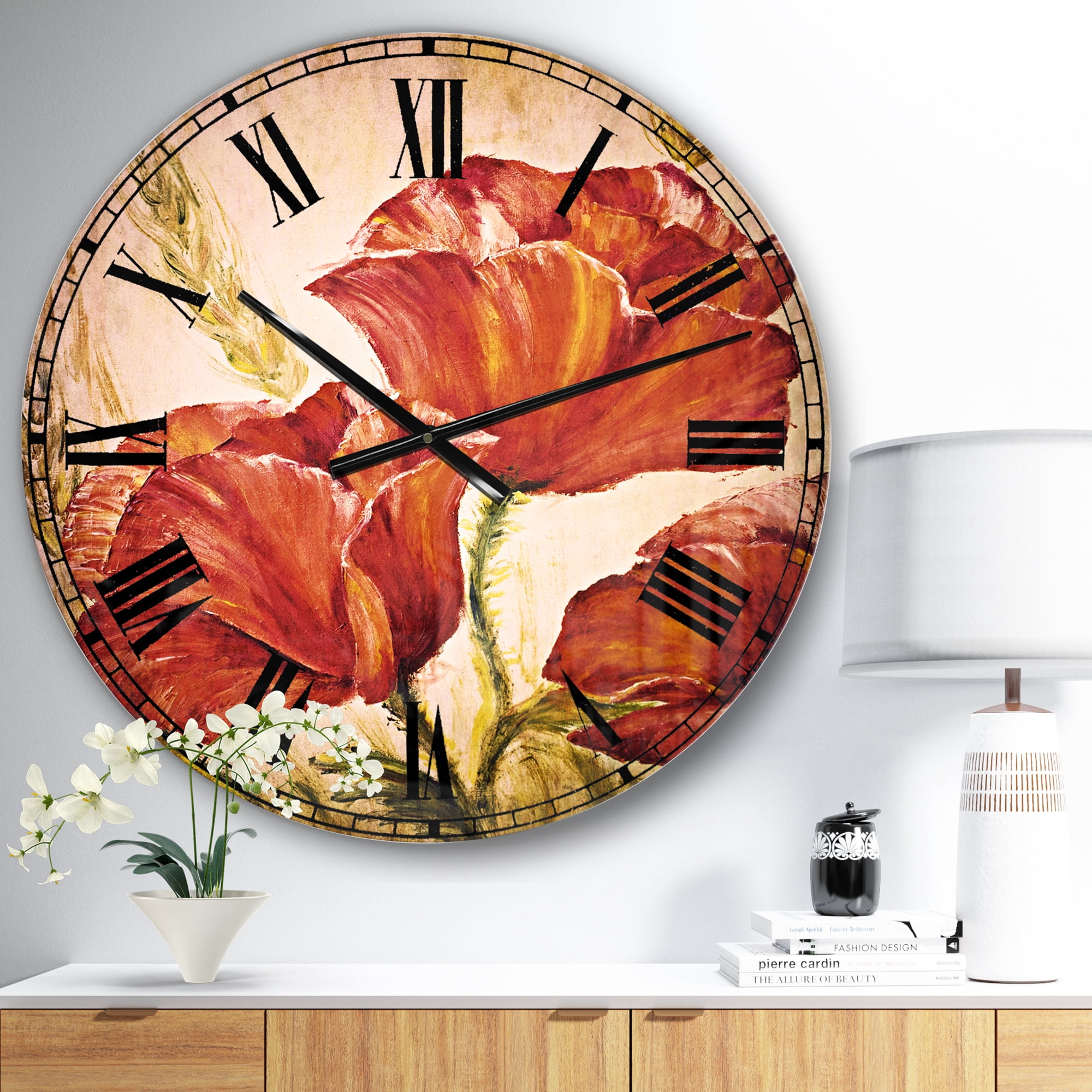 Designart 'Three Poppies Flower' Traditional wall clock
