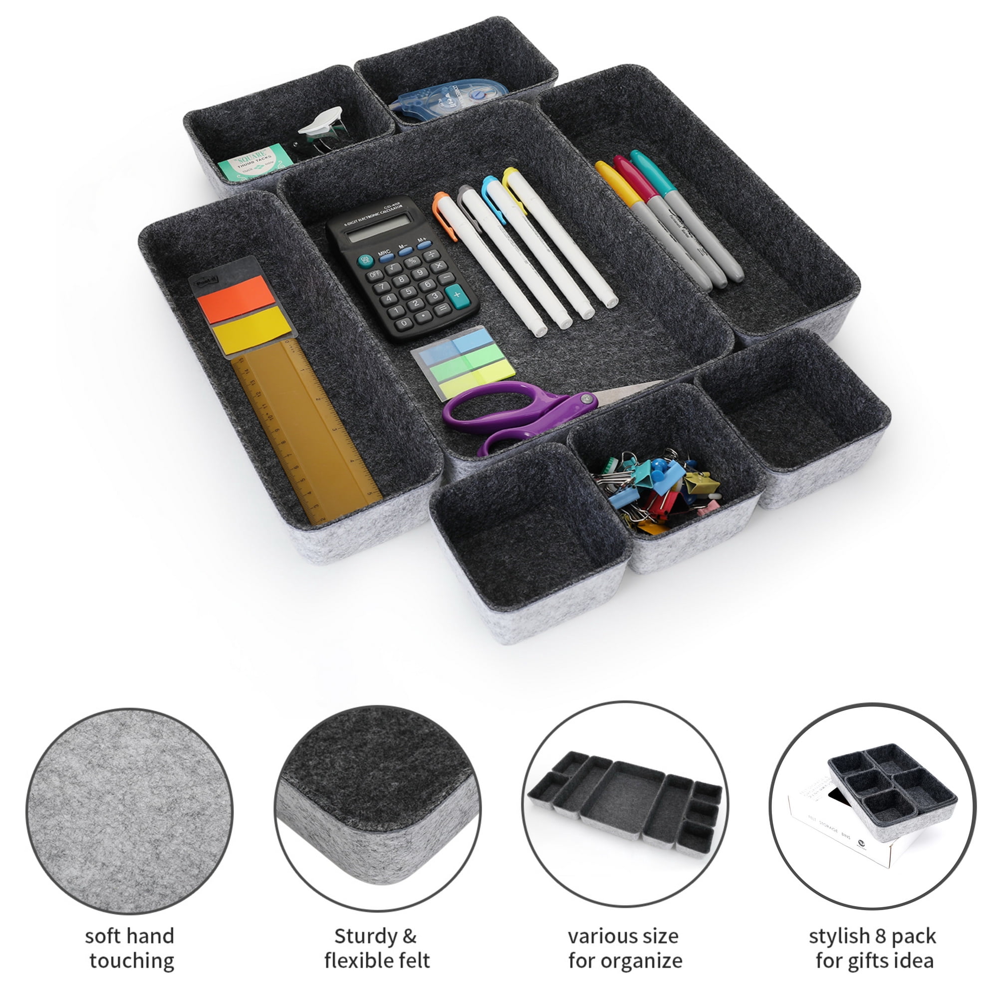 Welaxy desk drawer organizer tray shallow felt storage bin soft but sturdy sort for office suppliers makeup pen keys craft brush decluttering 8-piece sleek minimalist lifestyle (Charcoal)