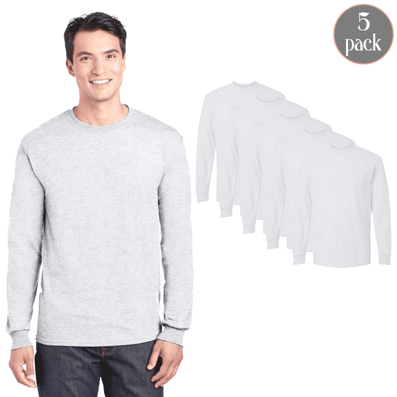 Gildan Men's DryBlend 50/50 Long Sleeve T-Shirt, 5-Pack Ash Color, Crewneck Classic Fit Tee, S