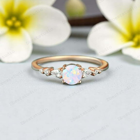 DBESTSTUDIOS 5 MM 1 CT Round Cut Fire Opal Wedding Ring Art Deco Diamond Promise Ring Rose Gold Handmade Jewelry Birthday Gift For Wife October Birthstone Ring