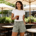 thumbnail image 7 of UDAUDU Women's Linen Shorts High Waist Button Down Casual Shorts Wide Leg Lightweight Beach Summer Shorts with Pockets Light Green S, 7 of 7