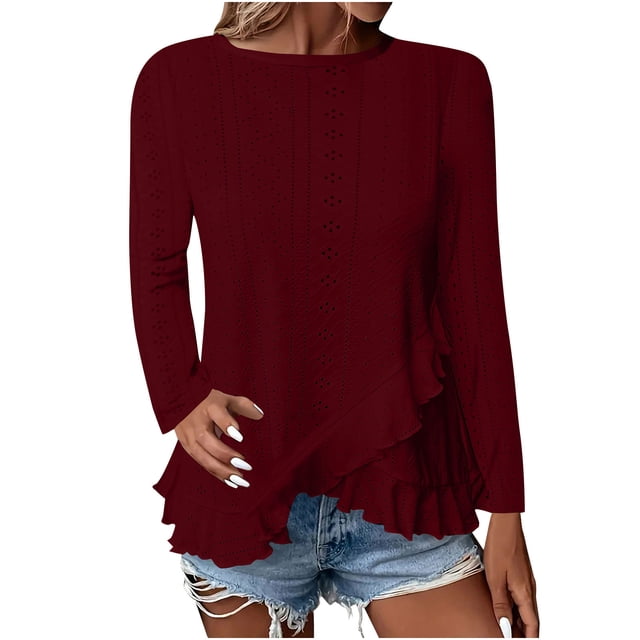 Plebaso Blouses à Manches Longues pour Femmes, Col Rond, Ourlet Irrégulier, Chemises de Printemps