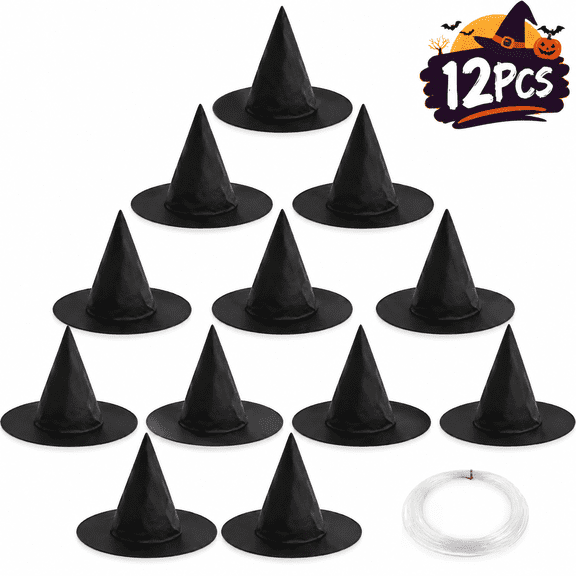 12-Piece Large Black Floating Witch Hats Set, Lightweight Oxford Fabric Halloween Decorations with 1378-Inch Fishing Line, Hanging Witch Hats for Indoor Outdoor Party