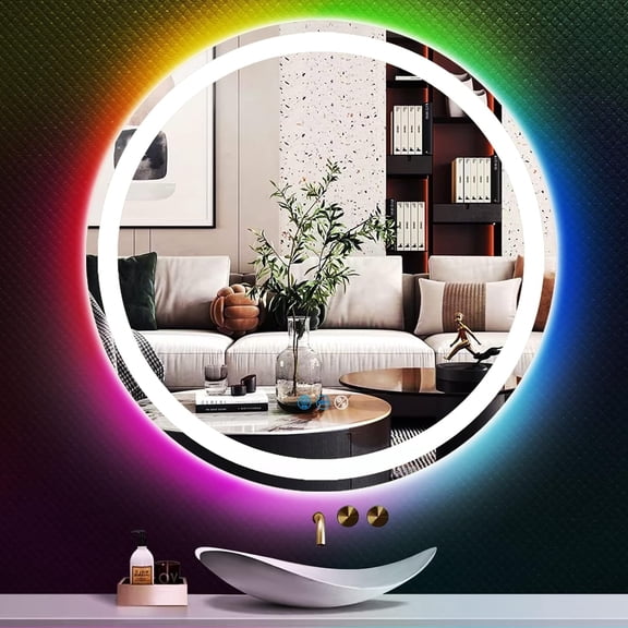 24 Inch Round Led Bathroom Mirror with Lights 3Color Front Light RGB Rainbow Color Changing Backlit Round Lighted Vanity Mirror for Bathroom Wall Dimmable AntiFog Smart Light up Circle Mirror
