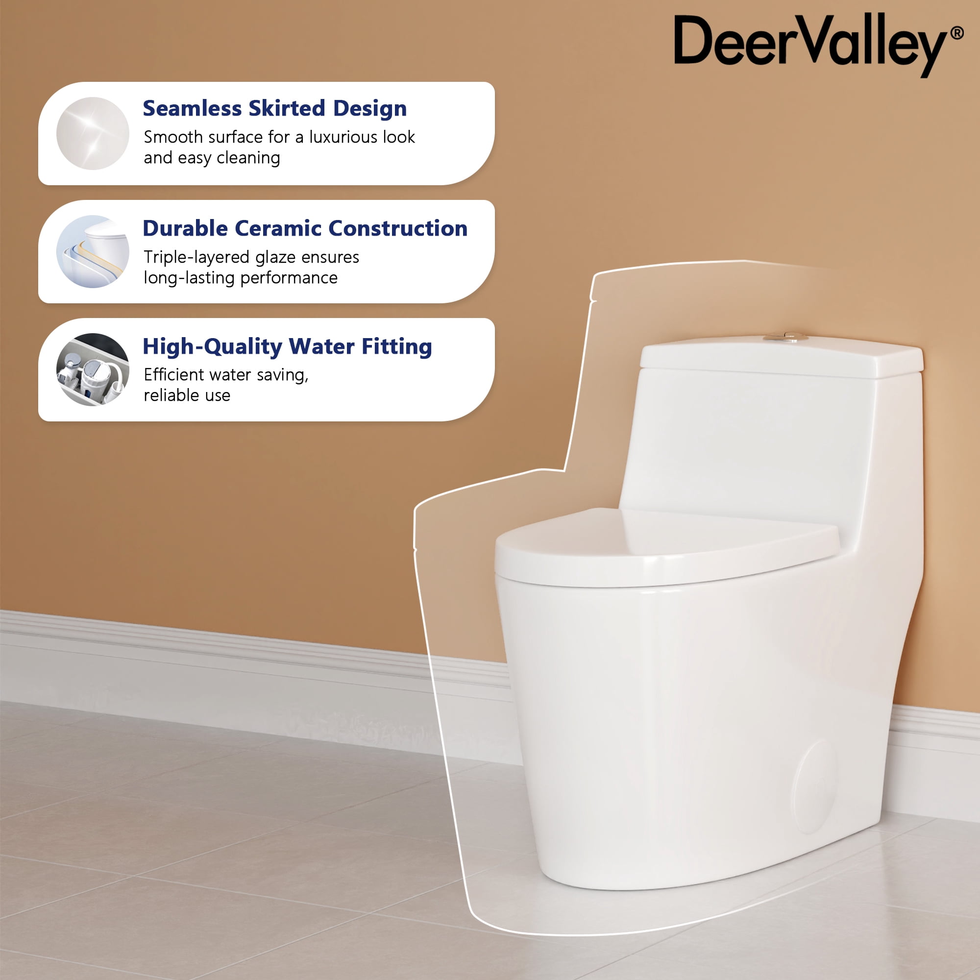 DeerValley 10 in. Rough In One Piece Toilet, Elongated Dual Flush Toilet 1.1/1.6 GPF, Elongated Standard Height with Soft Close Seat, WaterSense, White Ceramic Toilet for Bathroom Remodel