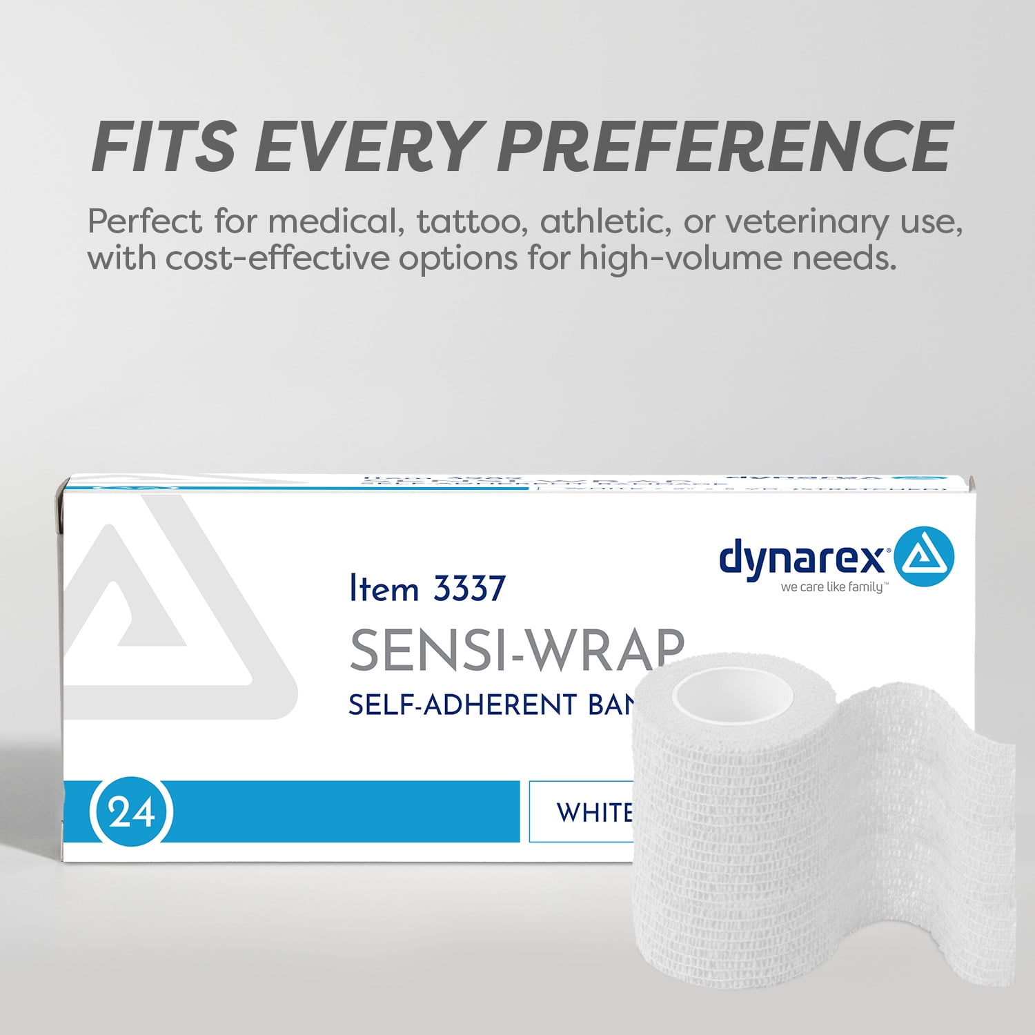 Dynarex Sensi-Wrap Self-Adhesive Bandages, 24-Pack, 3" x 5 yards, White, Latex-Free, Colored Elastic Cohesive Athletic Tape, Tattoo Grip & Vet Wrap