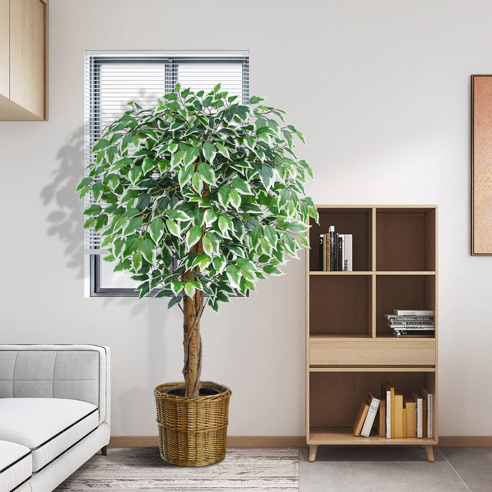 5ft Ficus Artificial Trees with 3 Natural Curved Trunks, 60" Tall Lush Faux Tree for Home Decor Indoor, Green Lifelike Fake Ficus Tree