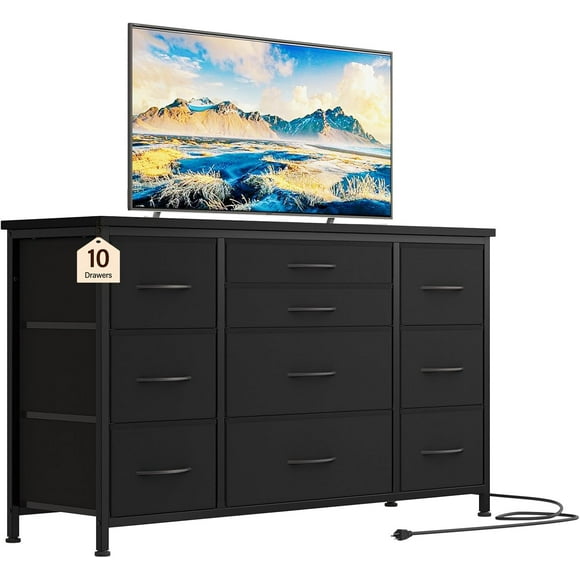 TROPOW Meubles Télé pour Salon, Commode à 10 Tiroirs, Meuble Télé de 55 Pouces avec Prise de Courant, Centre de Divertissement, Rangement à Tiroirs en Tissu pour Chambre, Salon, Garde-Robe, Entrée, Noir