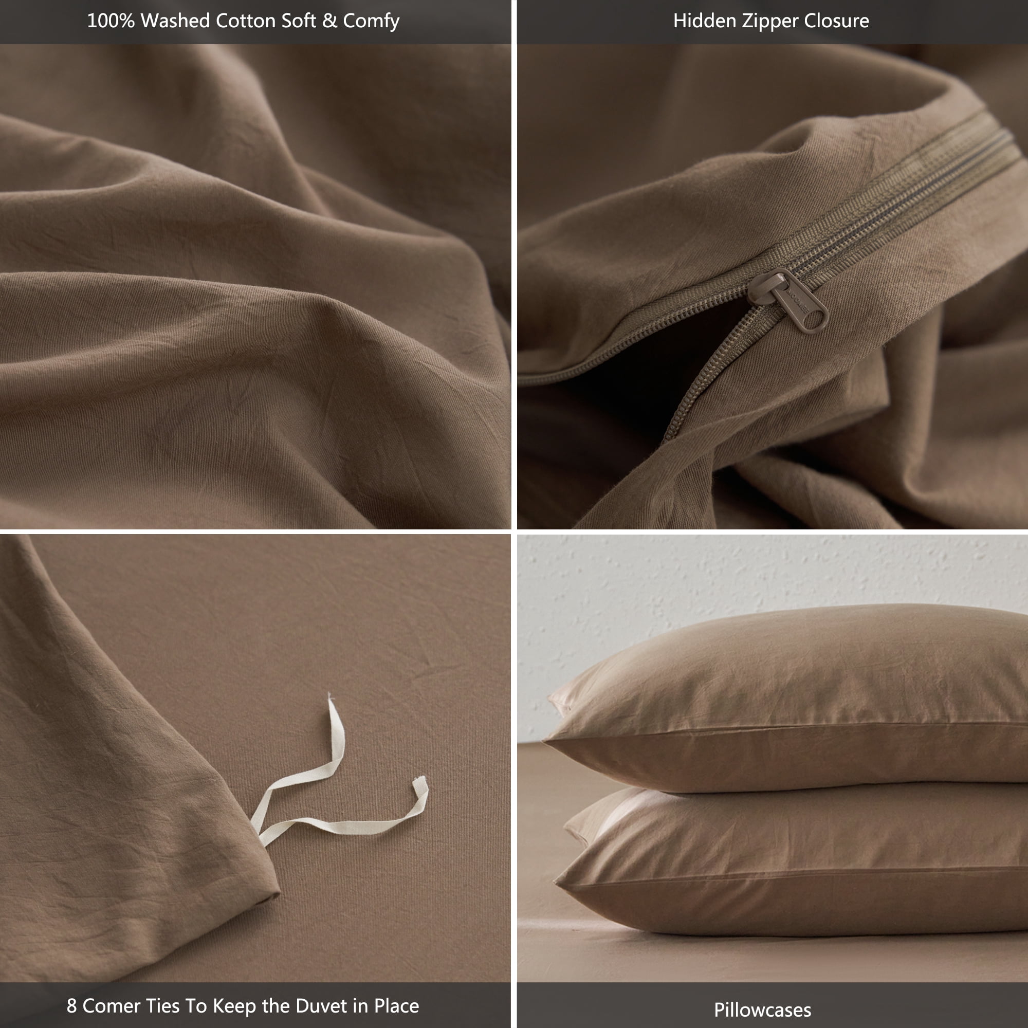 MooMee Duvet Cover Set Queen 100% Washed Cotton Twill Ultra-Soft Breathable Linen Like 3-Piece (Bombay Brown, 90"x90")