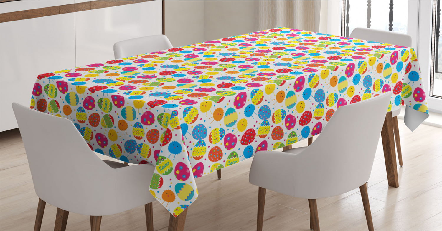 Multicolor Rectangle Satin Table Cover Accent for Dining Room and Kitchen Funky Colorful with Different Patterns Daisies and Bunny Characters Ambesonne Easter Tablecloth 60 X 90