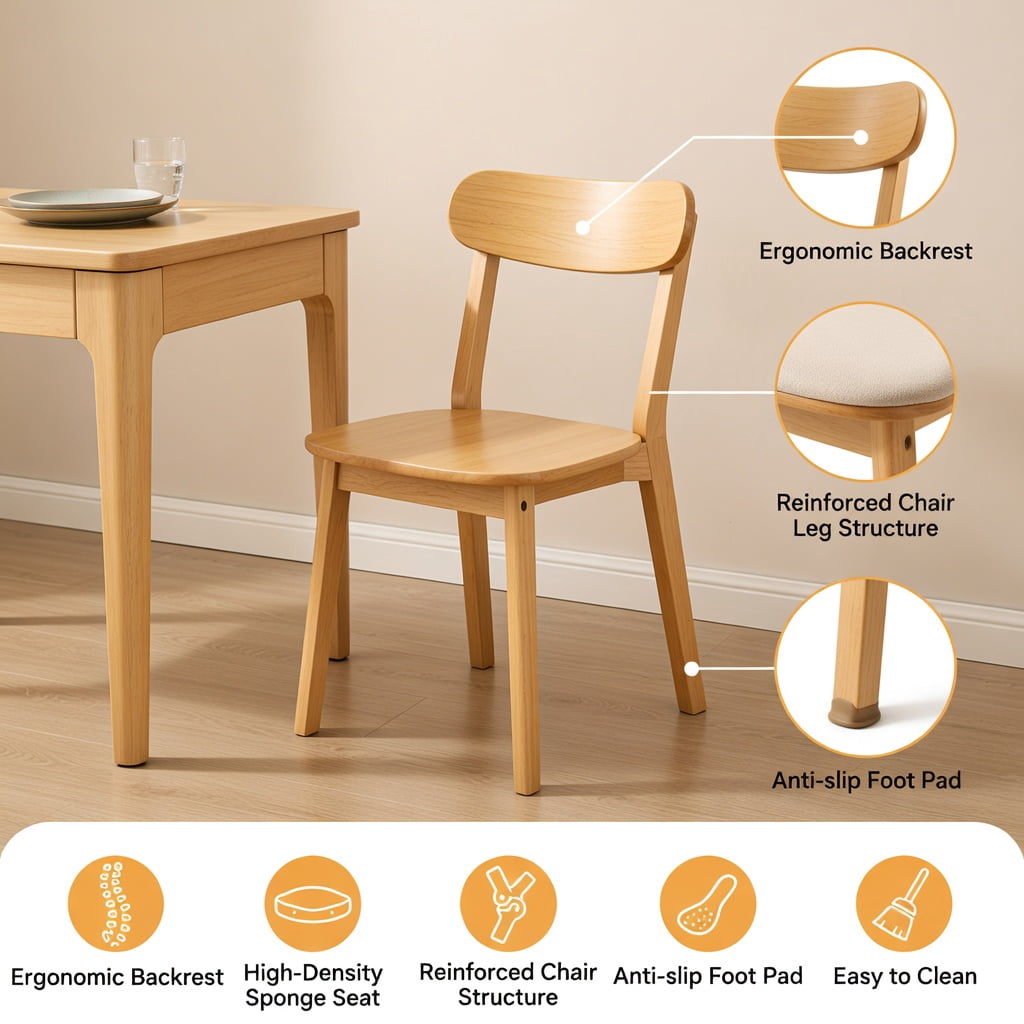 Hommoo Mid Century Modern Solid Wood Dining Chairs Set of 2, Ergonomic Curved Back, Adjustable Leveling Feet, for Dining Room, Kitchen & Living Room, Natural Wood