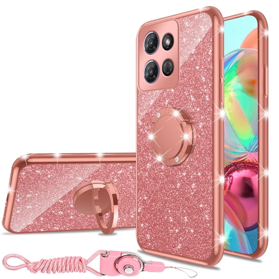 nancheng for 6.8-inch Motorola Moto G Power 5G 2025 Phone Case Girls Women Cute Glitter Luxury Soft Silicone Clear Case with Ring Stand Strap Lanyard Shockproof Protection Cover - Rose Gold