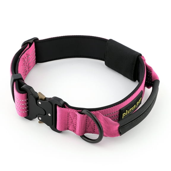 Plutus Pet Tactical Dog Collar with Tracker Packet for AirTag, Adjustable Reflective Nylon Collar, Metal Buckle, Leather-Wrapped Handle, Soft Padded for Medium Large Dogs (Pink, M)