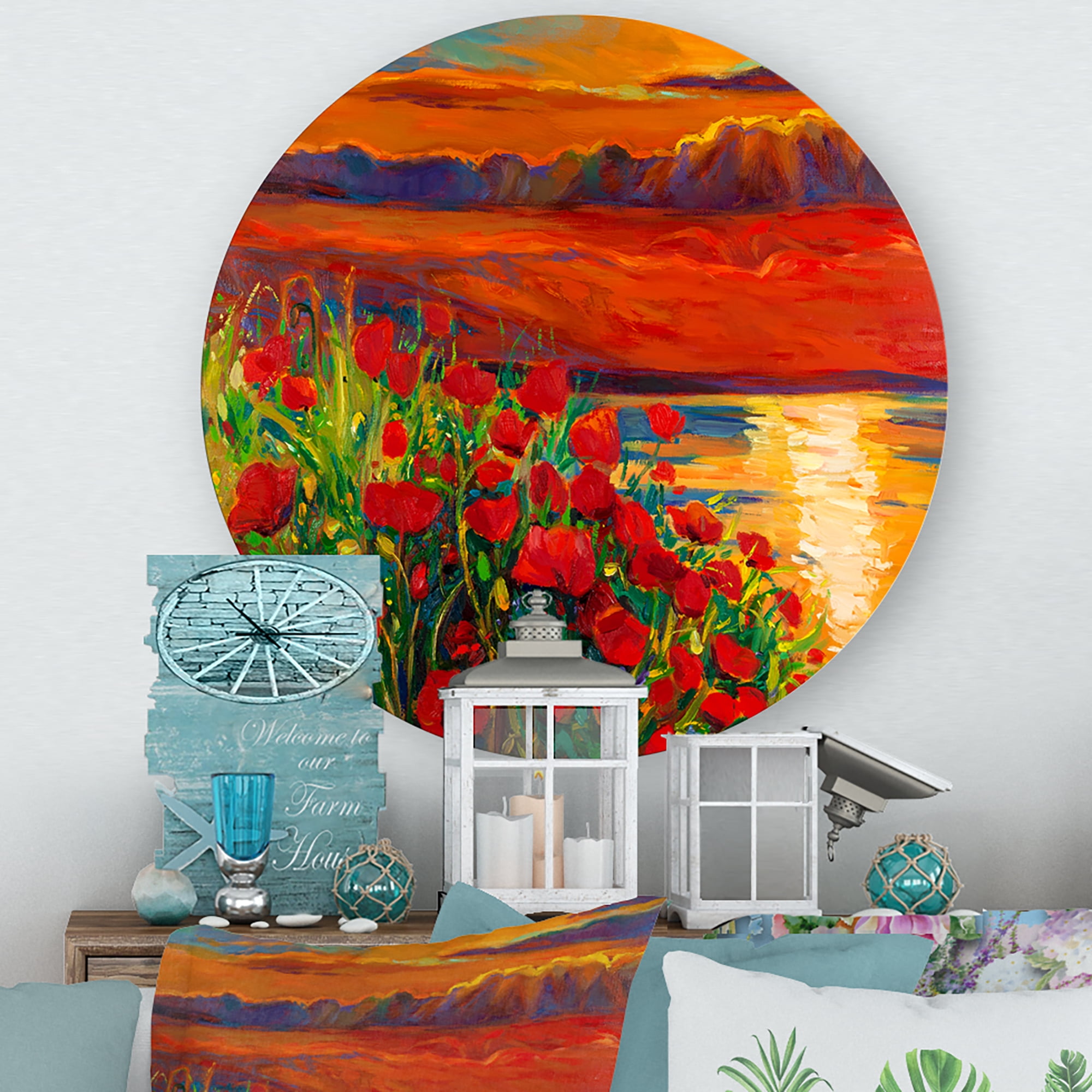 Designart 'Red Poppies By The Ocean During Evening Glow' Nautical & Coastal Circle Metal Wall Art 11x11 - Disc of 11