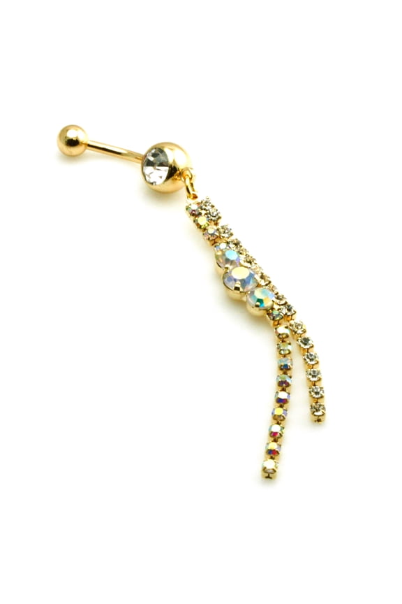 14g (1.6mm) Gold Plated Stainless Steel Rainbow Cubic Zirconia Dangle Belly Ring Navel Piercing Body Jewelry