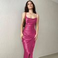 thumbnail image 3 of Vestido de tirantes de corte bajo de satén sedoso para mujer, vestido largo sin espalda, Sexy, informal, dobladillo dividido, cintura alta, ajustado, nuevo, 3 of 4