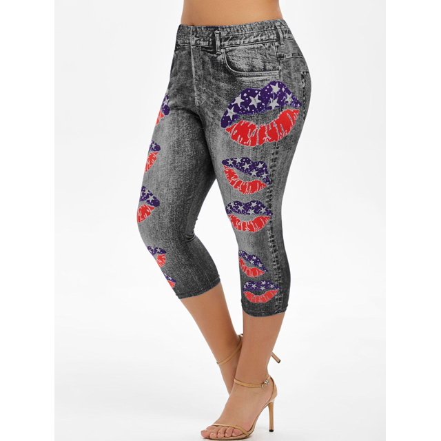 Más el tamaño de la impresión del labio de la bandera americana recortada Jeggings Rosegal Leggings de talla grande