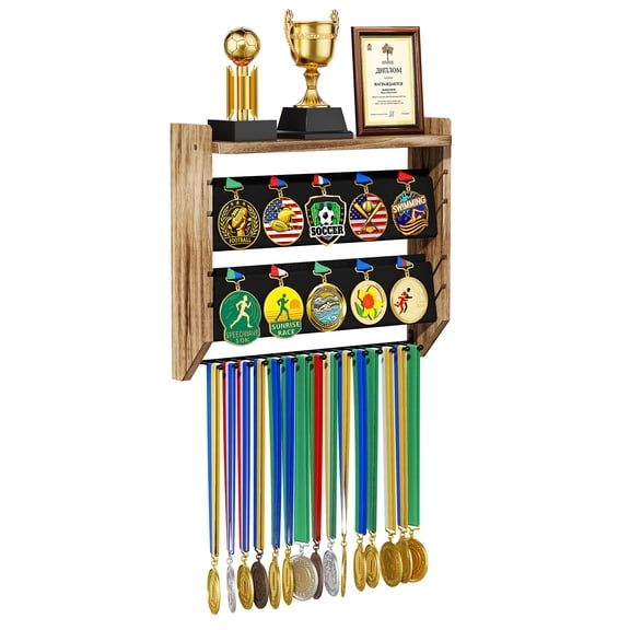 Medal Holder Display Trophy Shelf Organizer, Sturdy Wooden Race Award Hanger Rack with 15 Steel Hooks, Wall-Mounted Storage Stand for Sports Fans, Brown
