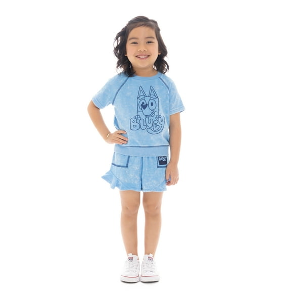 Bluey Toddler Girl Embroidered Graphic Top and Ruffle Shorts Set, 2-Piece, Sizes 12M-5T