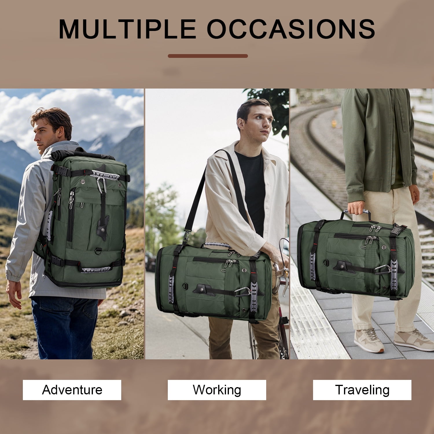 WITZMAN Carry on Nylon Travel Backpack for Men Convertible Large Duffle Luggage Bags for Airplane fit 18 inch Laptop B681 Army Green