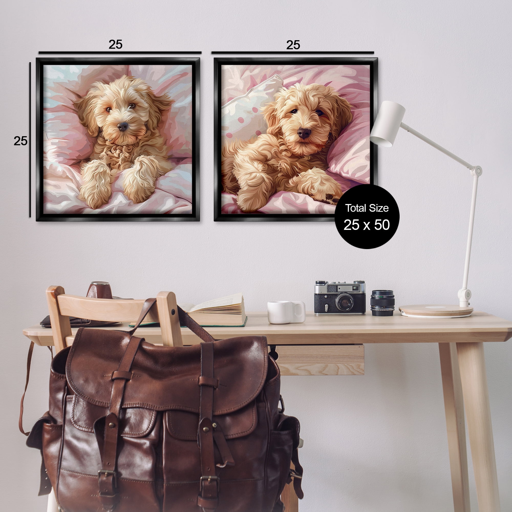 Stupell Industries Cuddling Labradoodle in Bed Animals Painting Black Floater Framed Canvas Art Print Wall Art, 25 x 25, Set of 2