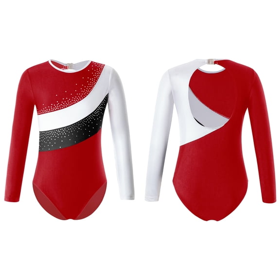 DPOIS Kids Girls Long Sleeve Rhinestone Gymnastics Bodysuit Leotard Athletic Dancewear Red&White 16
