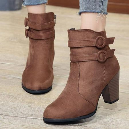 

Akiihool Work Boots for Women Women s Zipper Booties Stacked Heel High Top Ankle Shaft Boot Bootie (Brown 8)